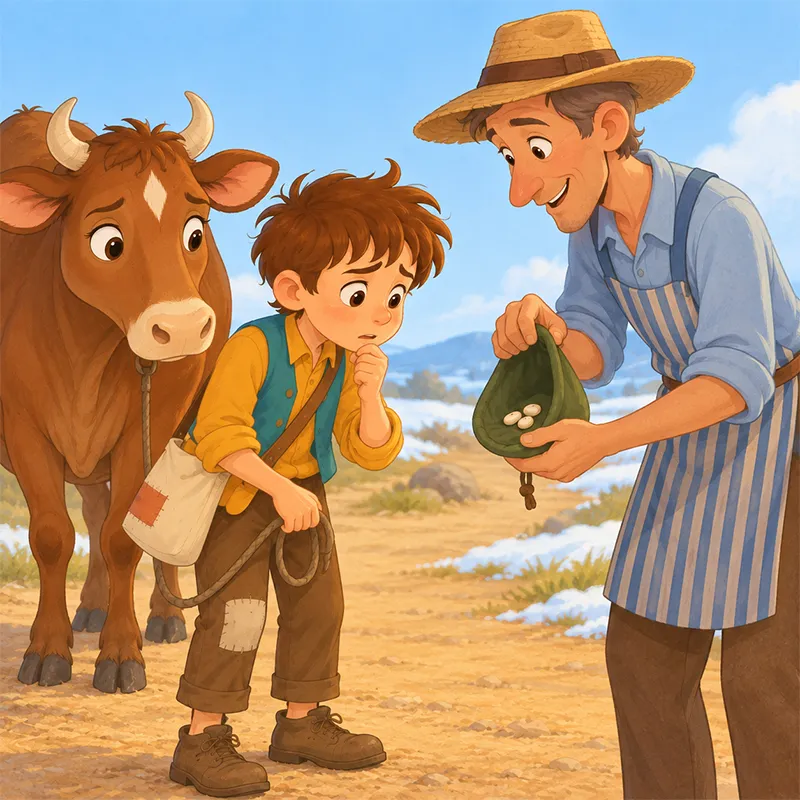 جک سه لوبیای سحرآمیز را برای معاوضه با گاوش بررسی می‌کند