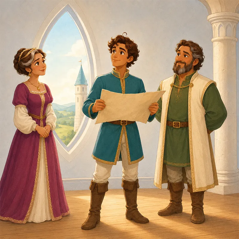 شاهزاده در کنار پادشاه و ملکه در قصر