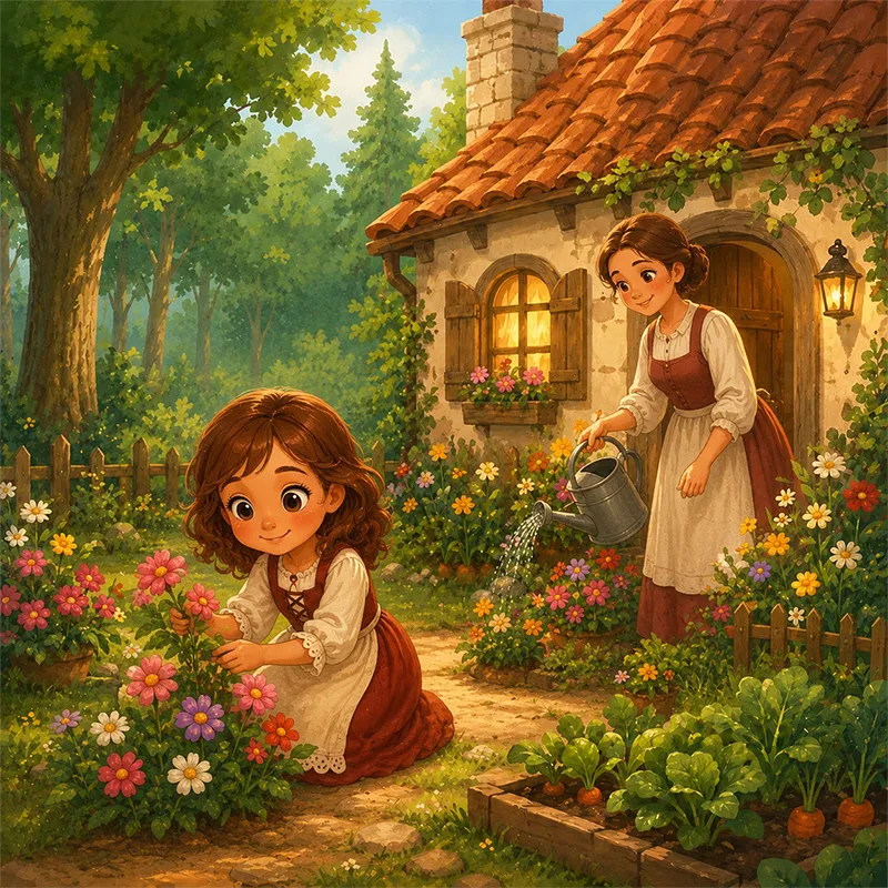 کلبه گرم شنلقرمزی کنار جنگل سبز