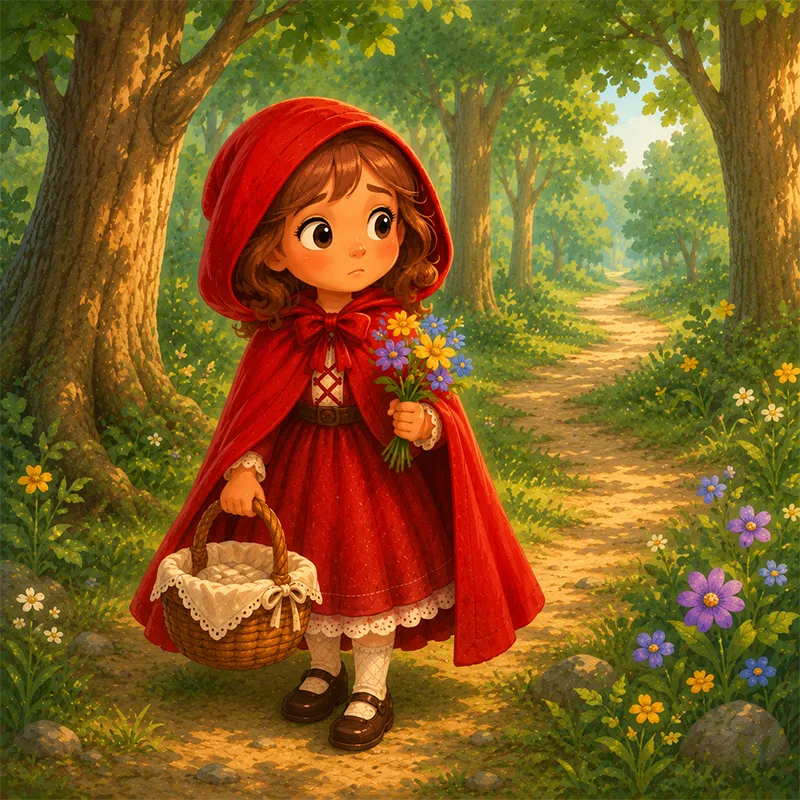 شنلقرمزی نگران به مسیر جنگل برمیگردد