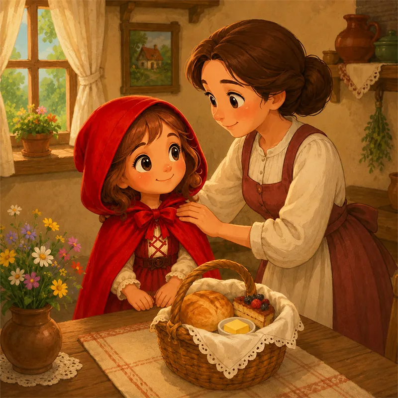 مادر سبد غذا را به شنلقرمزی میدهد