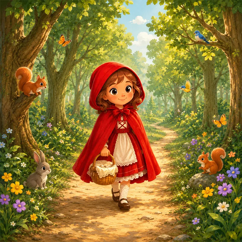 شنلقرمزی در مسیر روشن جنگل قدم میزند