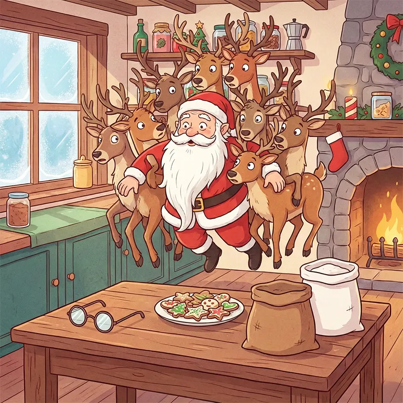 بابانوئل و گوزن‌ها در حال معلق شدن هستن