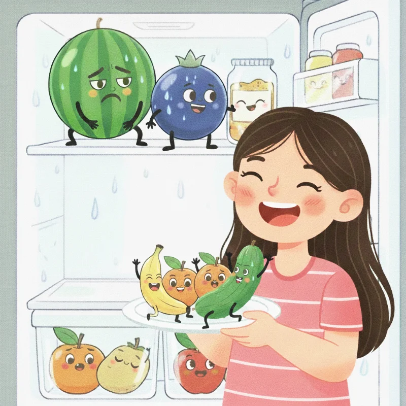 دختر بچه پرتقال و خیار و موز برمیداره