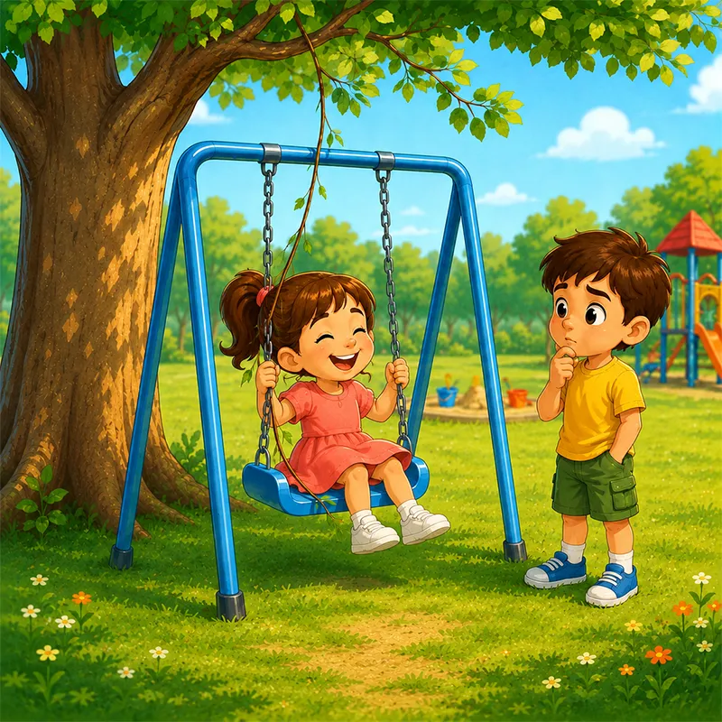 رها روی تاب آبی از قلقلک شدن می‌خندد