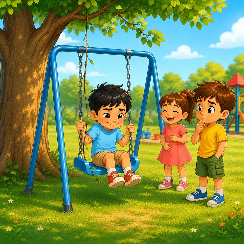 نوید با قیافه جدی روی تاب قلقلکی می‌خندد