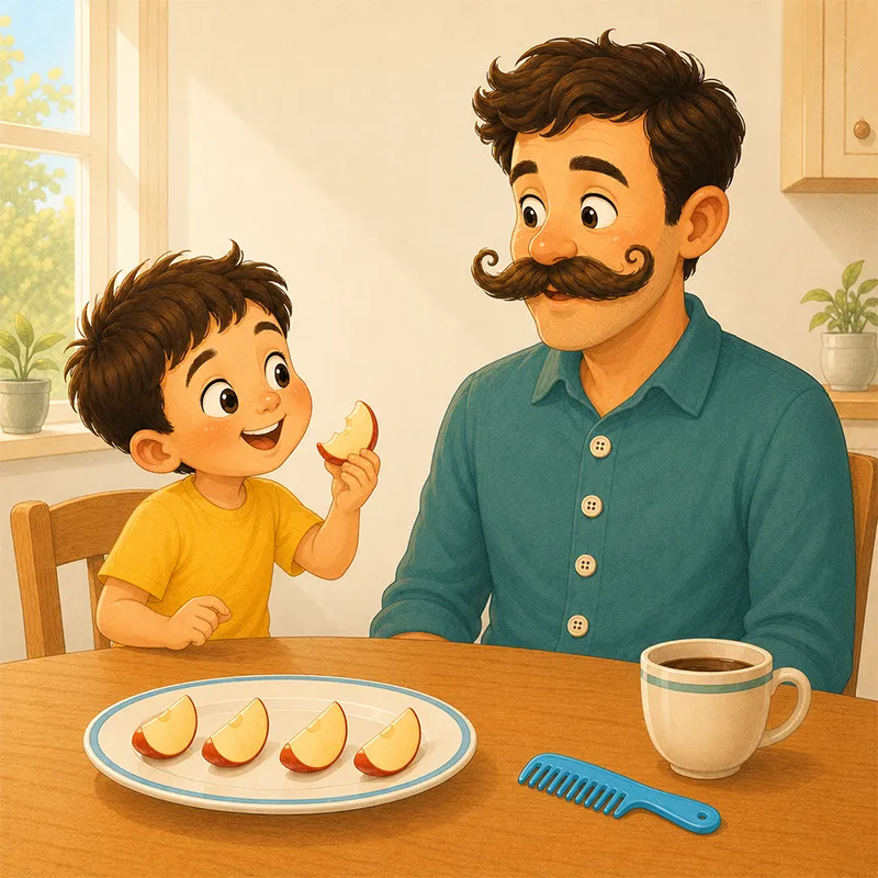 سام یک برش سیب گاززده در دست دارد و چهار برش دیگر در بشقابش ماندهاند.
