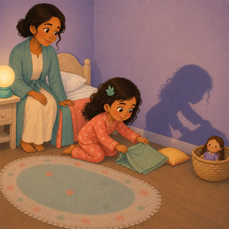 نیلا با بالش عروسکی و پتوی کوچک برای سایهاش تخت درست میکند.