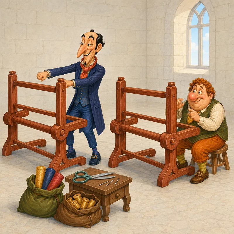حقهبازها کنار دو دستگاه خالی وانمود میکنند پارچه میبافند و ابریشم و طلا را پنهان میکنند.